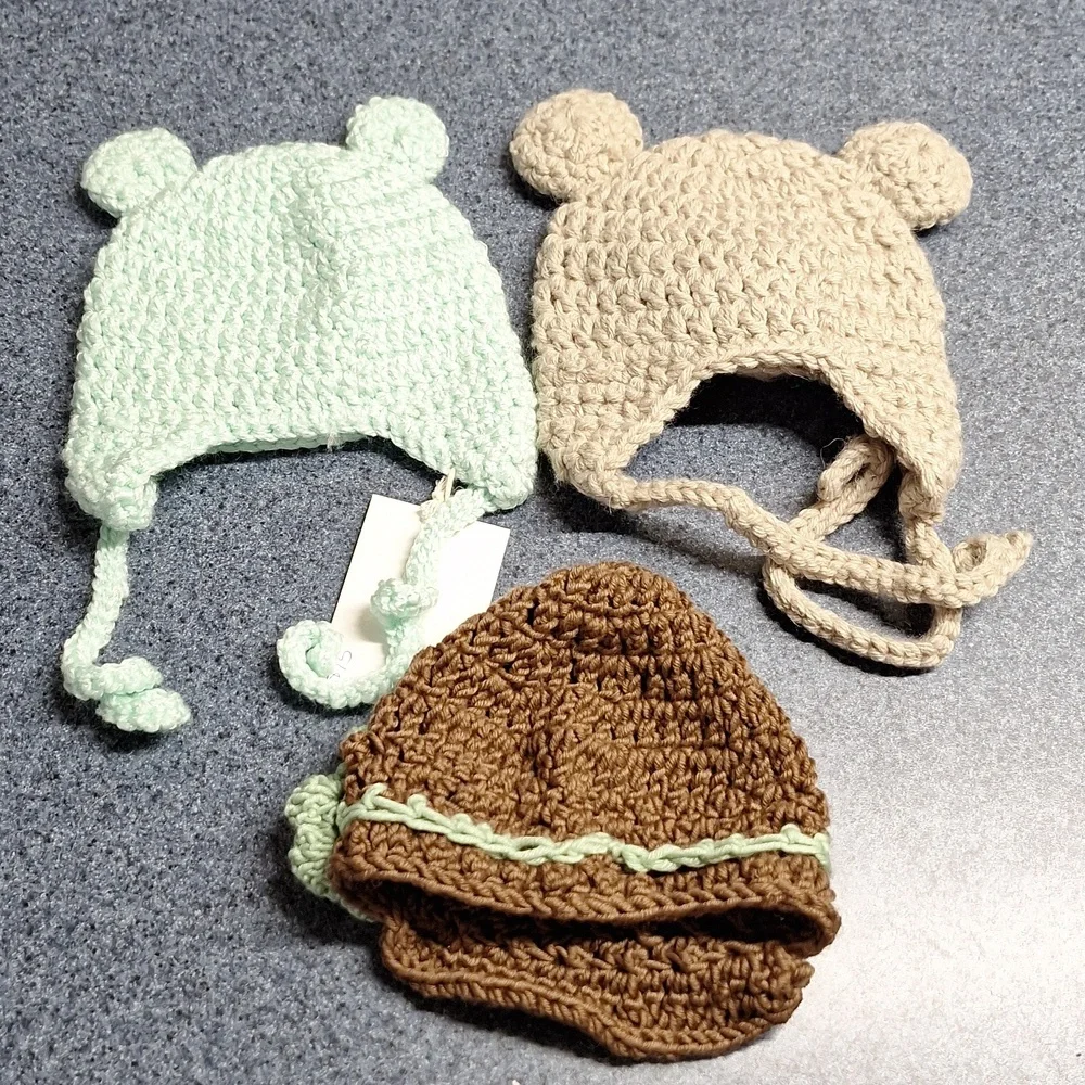 406 Yarn Creations Crocheted Cap & Bear Ear Flap Hats, Size 3-6 Months, NWT
